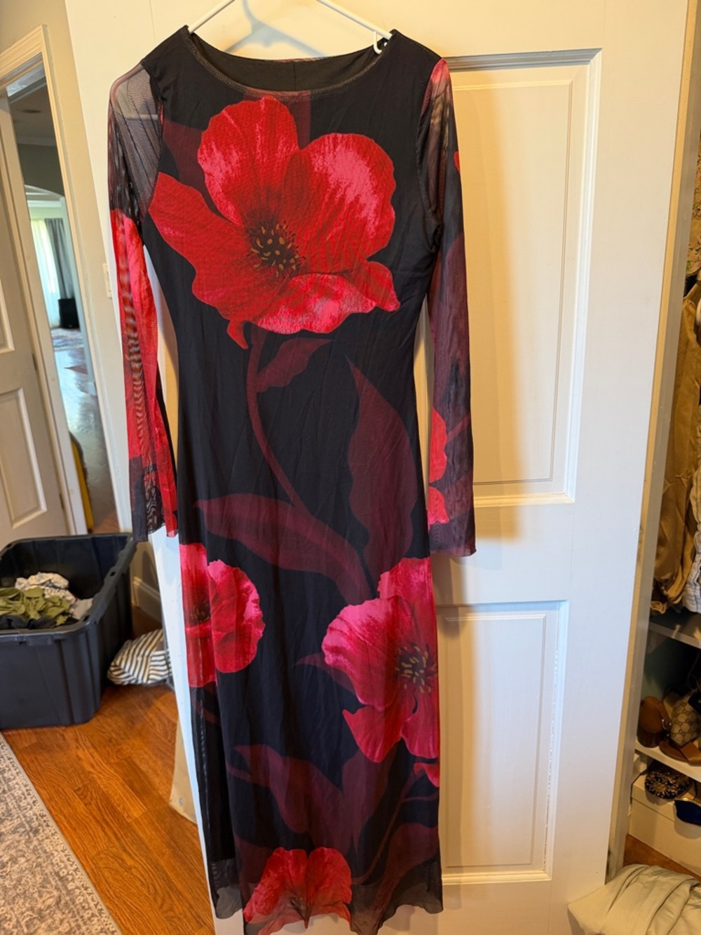 Long Sleeve Black Dress with Red Floral Print